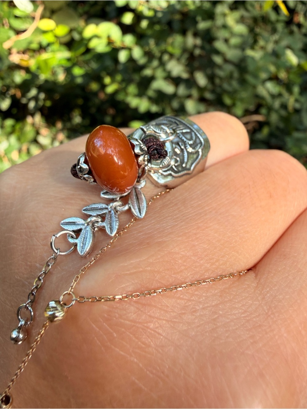 Silver Lion Signet Ring with Brown Bead Charm - Picture 3 of 7